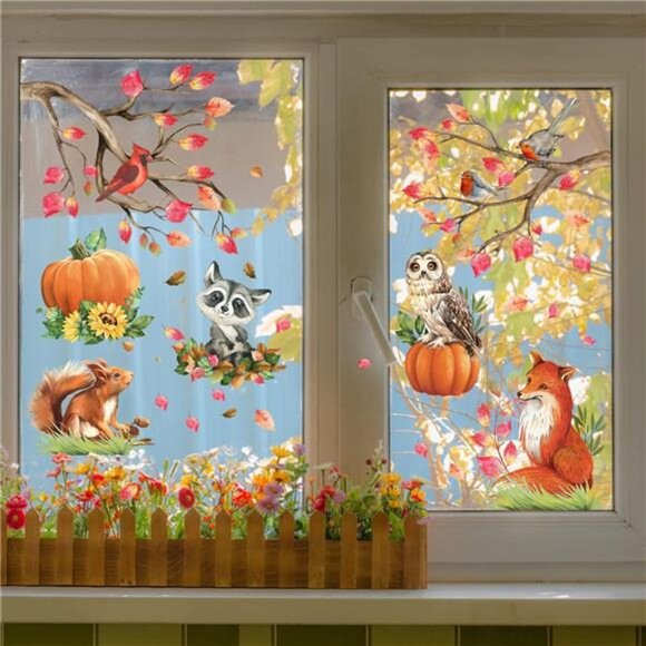 Fall Woodland Animals Window Clings -Fox, Owl, Raccoon, Pumpkin & Autumn Sticker - Picture 3 of 8